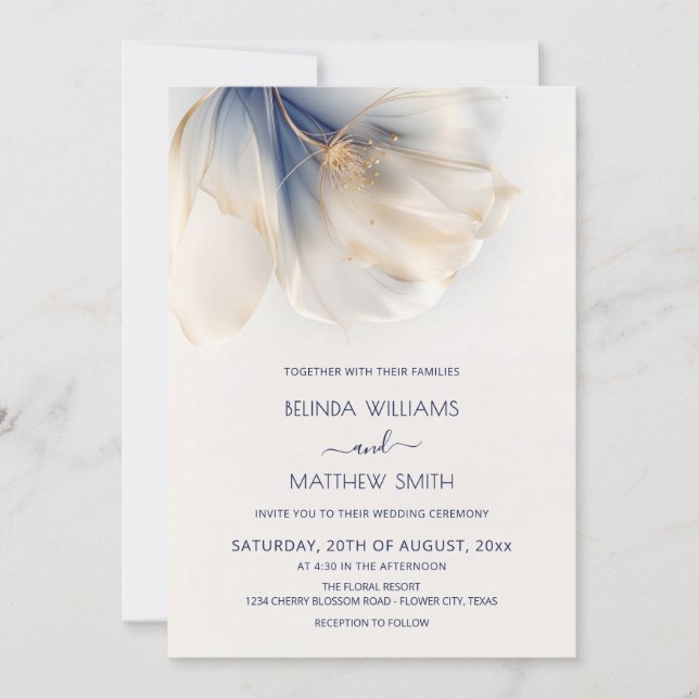 Invitation Blue Gold Smoky Watercolor Flower Wedding (Devant)