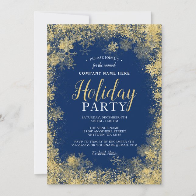 Invitation Blue Gold Snowflake Corporate Holiday Party (Devant)