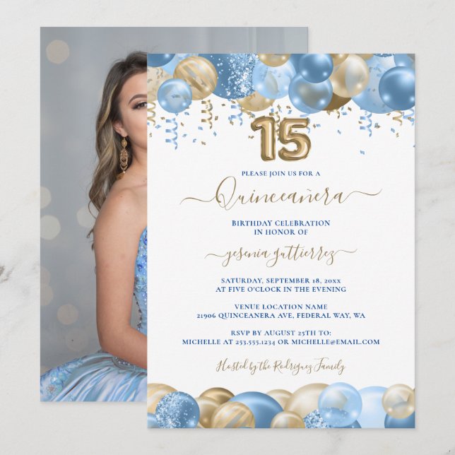 Invitation Blue Gold Sparkle Photo Quinceañera Balloon (Devant / Derrière)