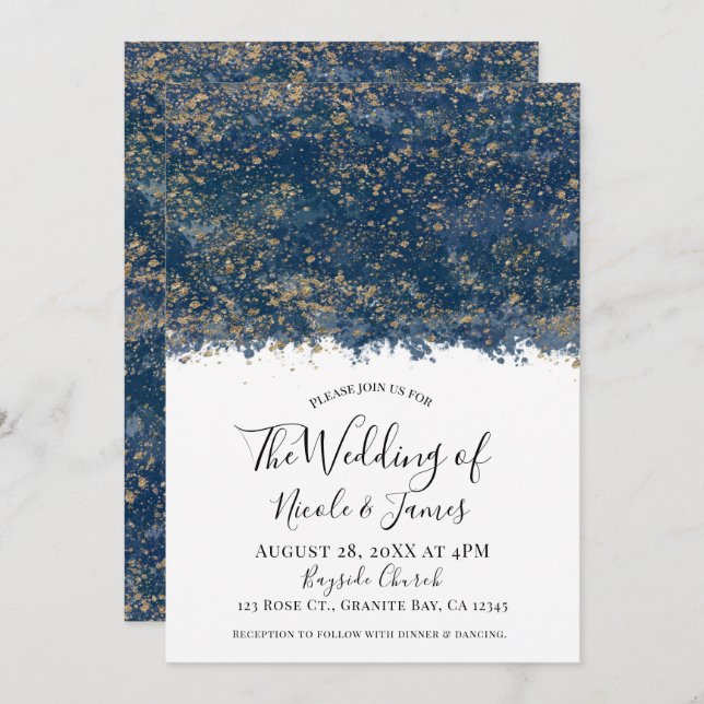 Invitation Blue Gold Splatter moderne Glam Mariage mariage (Devant / Derrière)