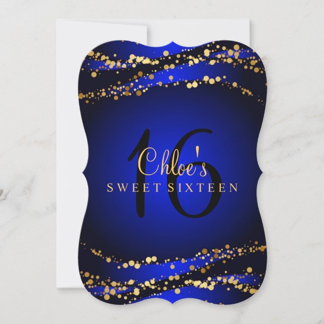 Invitation Blue & Gold Stardust pour un Sweet 16 (Devant)