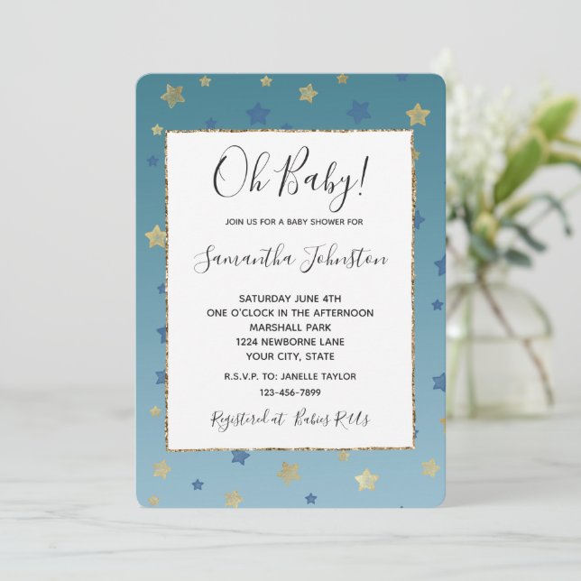 Invitation Blue Gold Stars Aqua Baby shower (Debout devant)