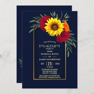 Invitation Blue Gold Sunflower Red Rose Engagement