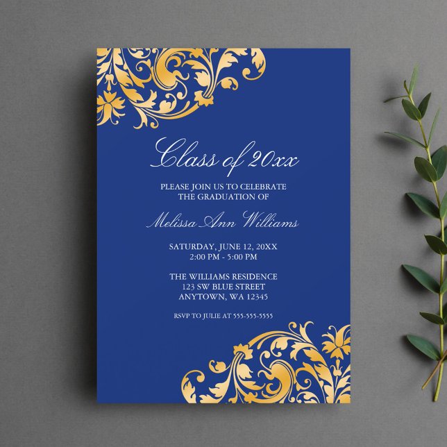 Invitation Blue Gold Swirl Graduation Party (Créateur téléchargé)