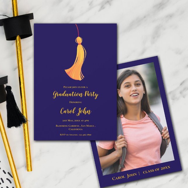 Invitation Blue Gold Tassel Cute Photo 2025 Graduation Party (Blue Gold Tassel Cute Photo 2025 Graduation Party Invitation)