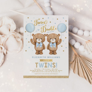 Invitation Blue Gold Teddy Bear Balloon Twin Boys Baby shower