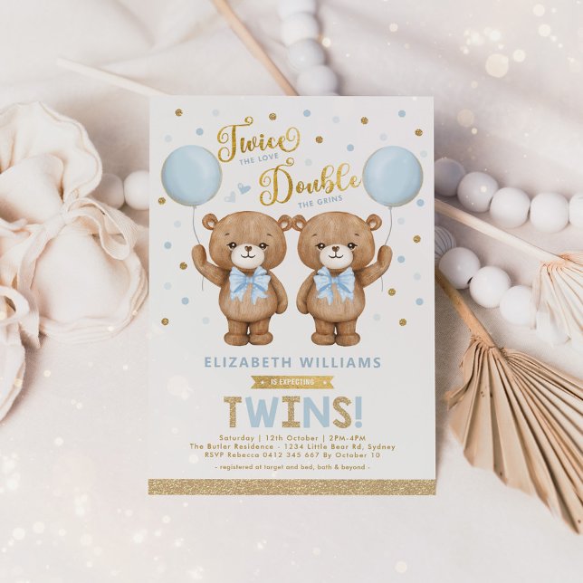 Invitation Blue Gold Teddy Bear Balloon Twin Boys Baby shower (Créateur téléchargé)