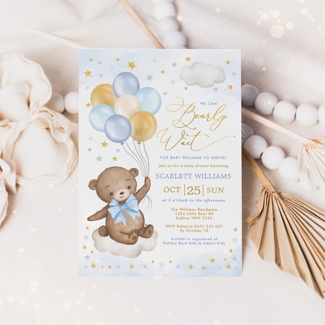 Invitation Blue Gold Teddy Bear Balloons Boy Baby shower Invi (Créateur téléchargé)