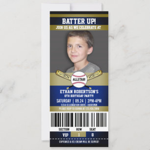 Invitation Blue Gold Ticket Style Baseball Anniversaire