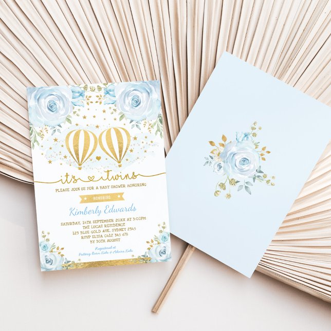 Invitation Blue Gold Twin Boys Hot Air Balloon Baby shower (Créateur téléchargé)