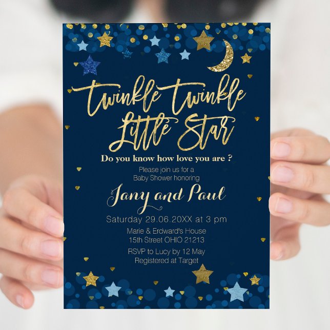 Invitation Blue Gold Twinkle Twinkle Little Star Baby shower (Créateur téléchargé)