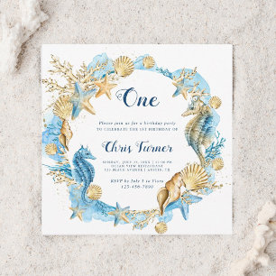 Invitation Blue & Gold Under the Sea Boy Birthday Carré