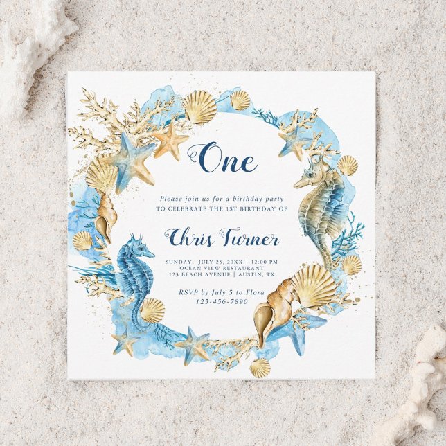 Invitation Blue & Gold Under the Sea Boy Birthday Carré (Créateur téléchargé)