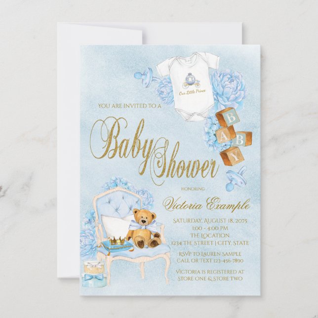 Invitation Blue Gold Watercolor Baby shower garçon (Devant)