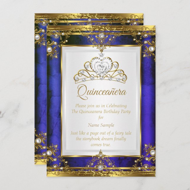 Invitation Blue Gold White Pearl Princess Quinceanera (Devant / Derrière)