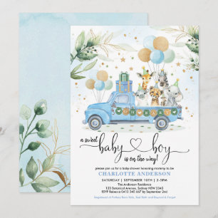 Invitation Blue Gold Wild Jungle Animal Sweet Baby Boy Douche