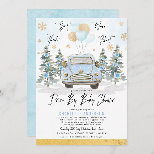 Invitation Blue Gold Winter Drive Thru Baby Boy Douche (Devant / Derrière)
