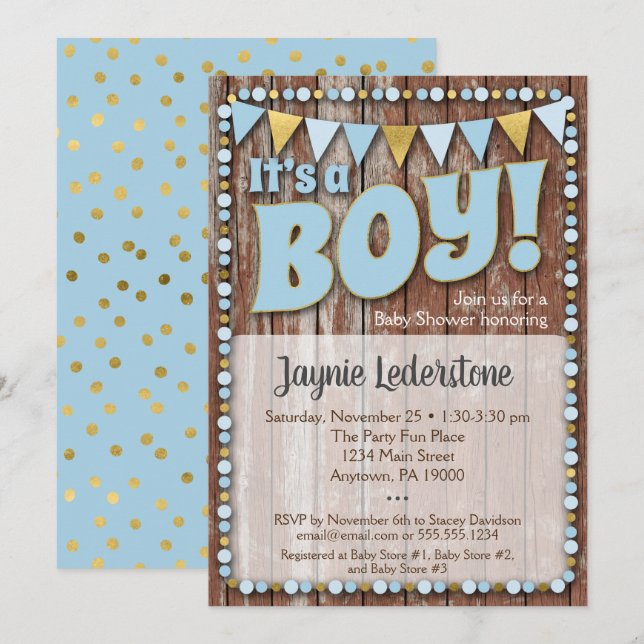 Invitation Blue Gold Wood C'est un Baby shower garçon Invitat (Devant / Derrière)