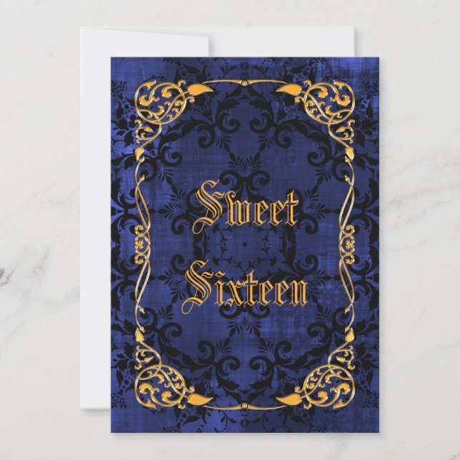 Invitation Blue Gothic & Gold Framed Sweet 16 (Devant)