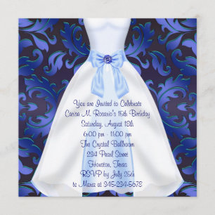 Invitation Blue Gown Blue Damask Quinceanera Anniversaire