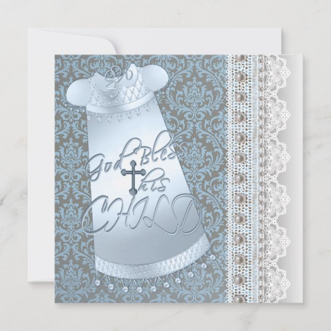 Invitation Blue Gown Brown Blue Damask Baby Boy Christening (Devant)