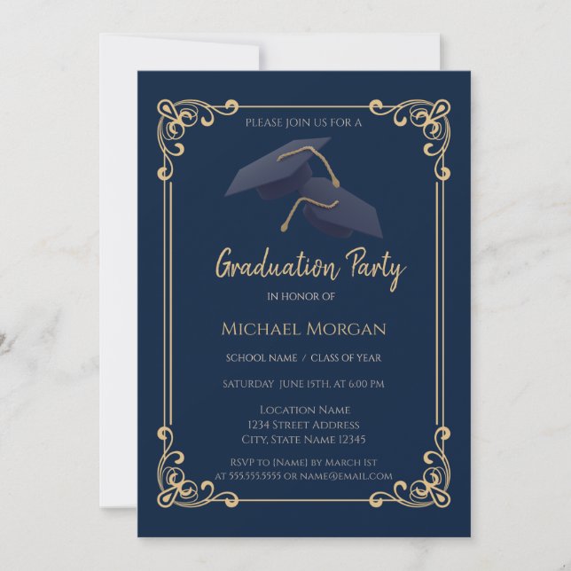 Invitation Blue Grad Cap Frame Navy Blue Graduation (Devant)