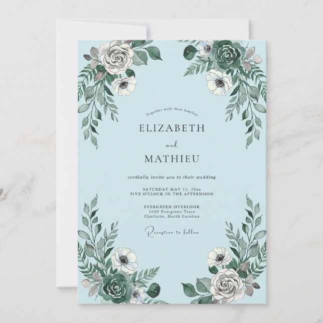 Invitation Blue Gray Floral Romance Wedding (Devant)
