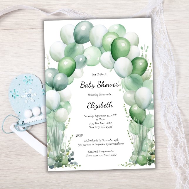 Invitation Blue Green Balloons Floral Baby Baby shower garçon (Blue Green Balloon Arch Floral Baby Boy Baby Shower Invitation.)