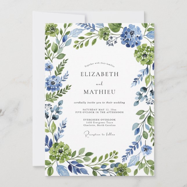 Invitation Blue Green Botanical Whimsical Wedding (Devant)