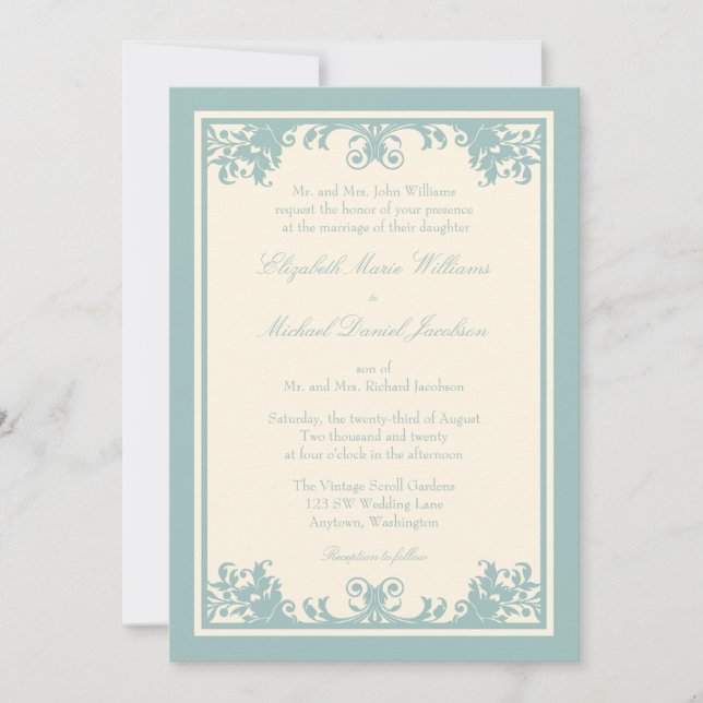 Invitation Blue Green Cream Vintage Flourd Mariage (Devant)