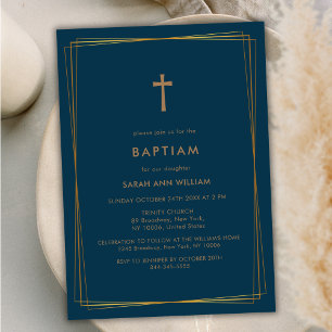 Invitation Blue Green Elegant Gold Typographie Croix Baptême