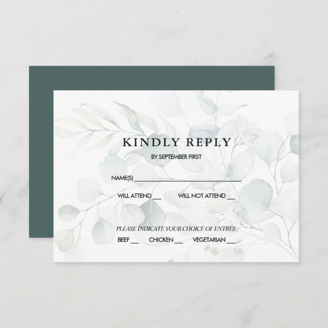 Invitation Blue Green Eucalyptus Mariage RSVP Réponse Dark I (Devant / Derrière)