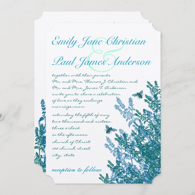 Invitation Blue Green Fleur sauvage Bumble Bee Wedding Invite (Devant / Derrière)