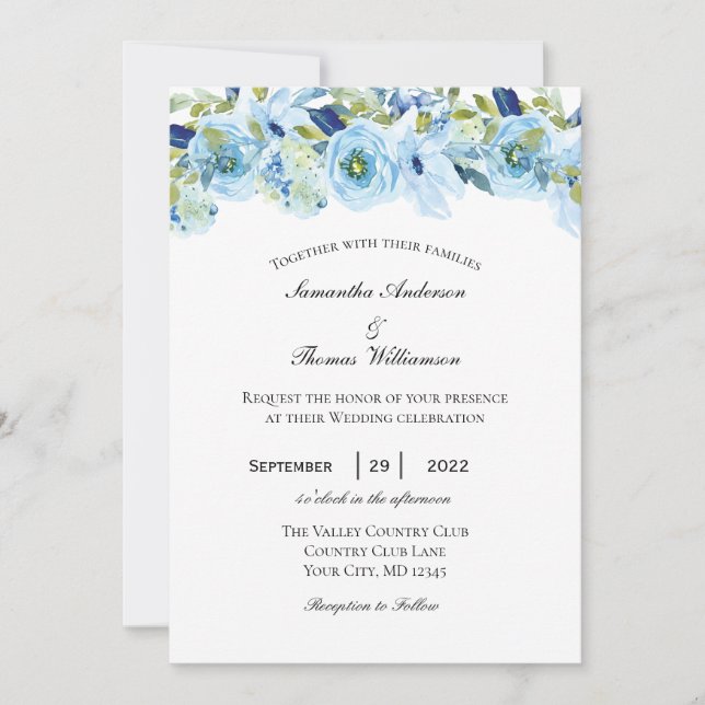 Invitation Blue Green Floral Élégant Mariage formel (Devant)
