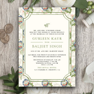 Invitation Blue Green Floral Ikat Anand Karaj Sikh Mariage