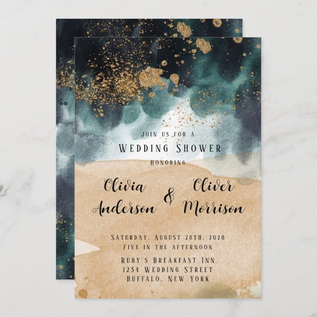 Invitation Blue Green Gold Paint Agate Plage Mariage Douche (Devant / Derrière)