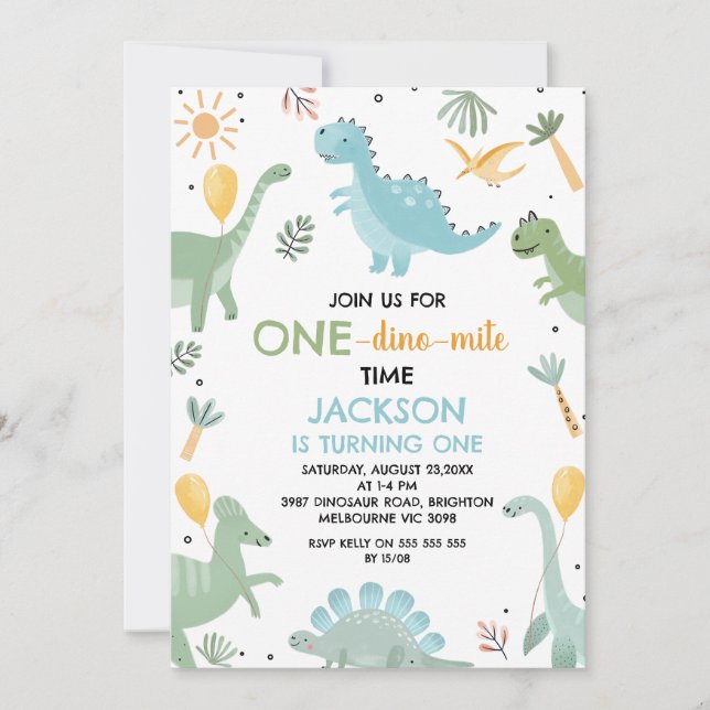Invitation Blue Green One Dino Mite Dinosaur 1er anniversaire (Devant)