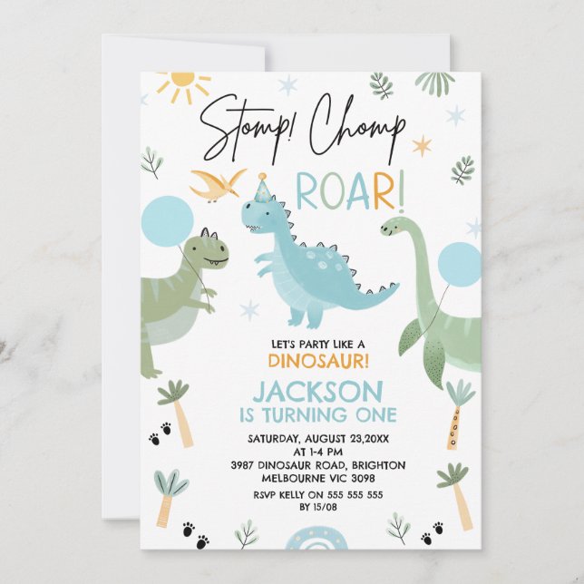 Invitation Blue Green Party comme un anniversaire de dinosaur (Devant)