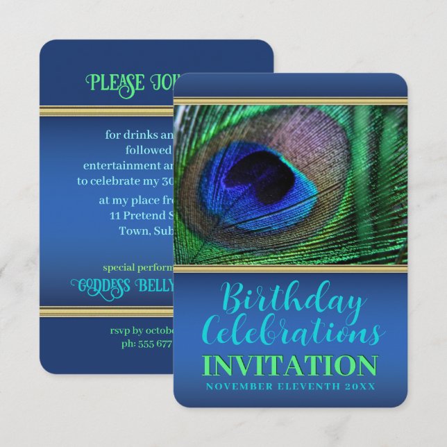 Invitation Blue Green Peacock Feather 30th Birthday Party (Devant / Derrière)