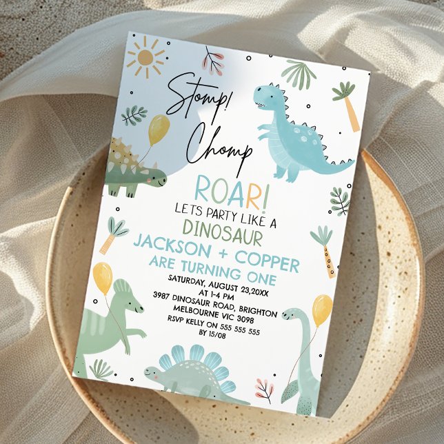 Invitation Blue Green Stomp Chomp Twins Dinosaur 1er annivers (Twin Boys Stomp Chomp Roar Party Like Dinosaur Birthday Invitation Dino 1st Birthday Invitation Twin)