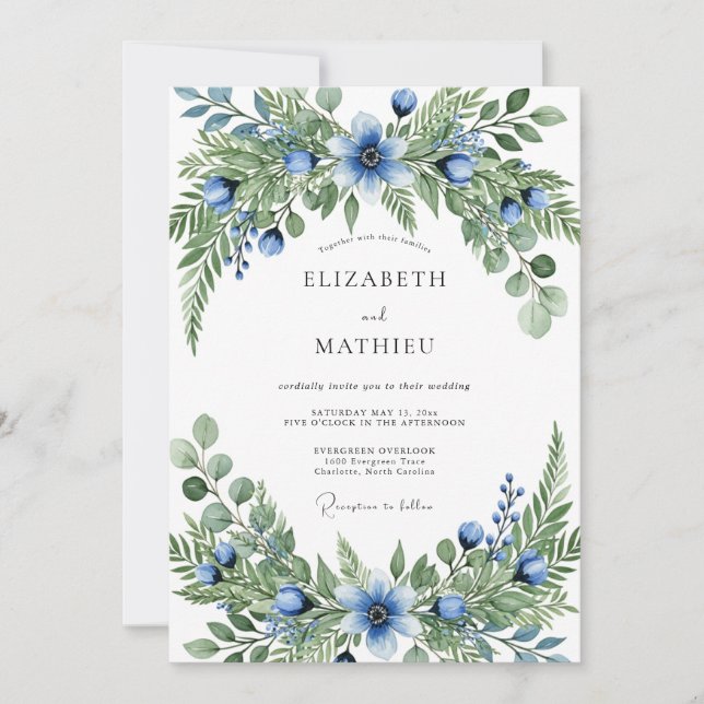 Invitation Blue Green Verdant Botanical Wedding (Devant)
