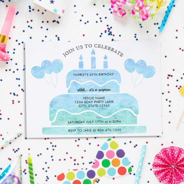 Invitation Blue Green Watercolor Cake Balloons 65e anniversai (Blue Green Watercolor Cake Balloons 65th Birthday Invitation)