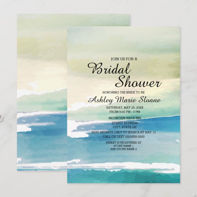Invitation Blue Green Watercolor Ocean Waves Fête des mariées (Devant / Derrière)