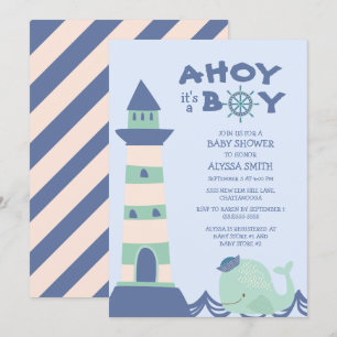 Invitation Blue Green Whale Lighthouse Ahoy Boy Baby shower