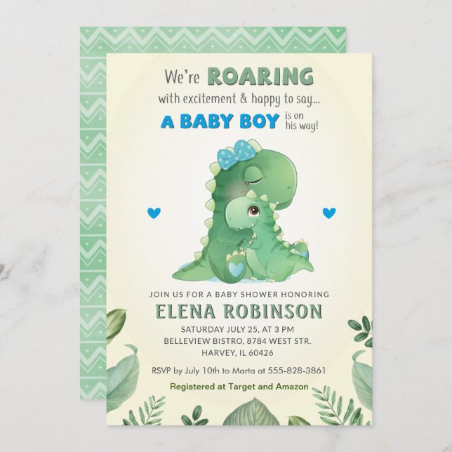 Invitation Blue Green Wild Dinosaur Baby Boy Shower Sprinking (Devant / Derrière)