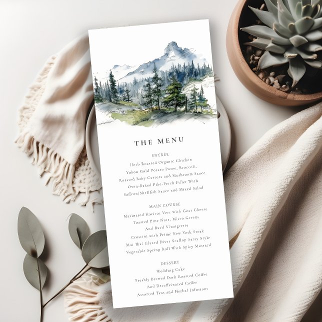 Invitation Blue Green Woods Mountain Sketch Mariage Menu Card (Créateur téléchargé)