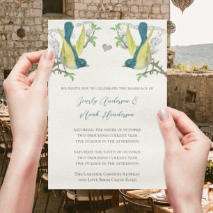 Invitation Blue Green & Yellow Vintage Birds Wedding Inviter