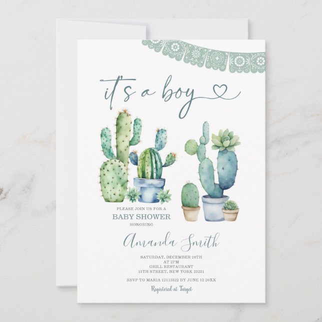 Invitation Blue Greenery Cactus Floral C'est un Baby shower g (Devant)