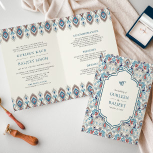 Invitation Blue Grey Ikat All in One Anand Karaj Sikh Mariage