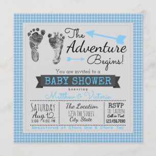 Invitation Blue Grey L'aventure commence Baby shower garçon